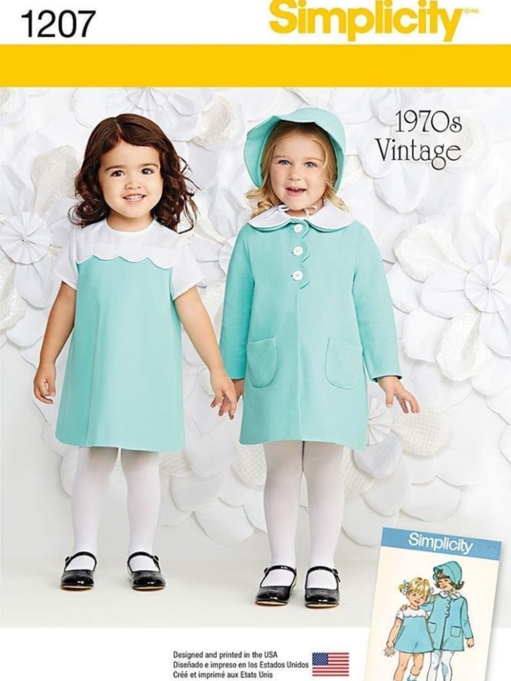 Simplicity 1207 A 1970's Vintage Girls Dress, Coat, Bonnet Sewing Pattern UNCUT
